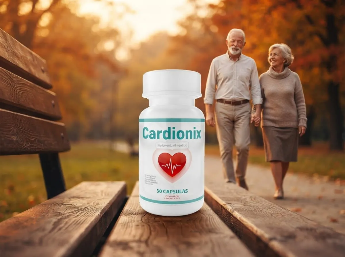 Pareja mayor caminando al aire libre junto al empaque de Cardionix, 30 cápsulas
